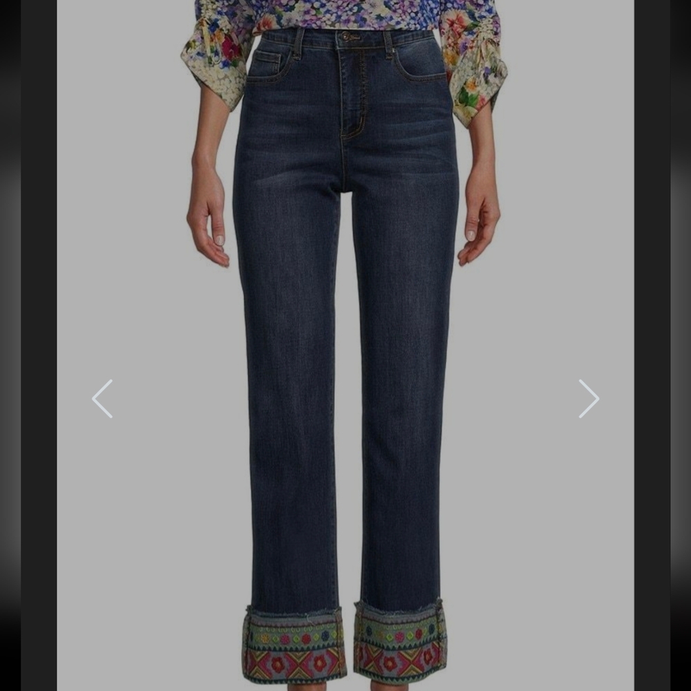 John Mark Embroidered Hem Straight Leg Cuffed Jeans